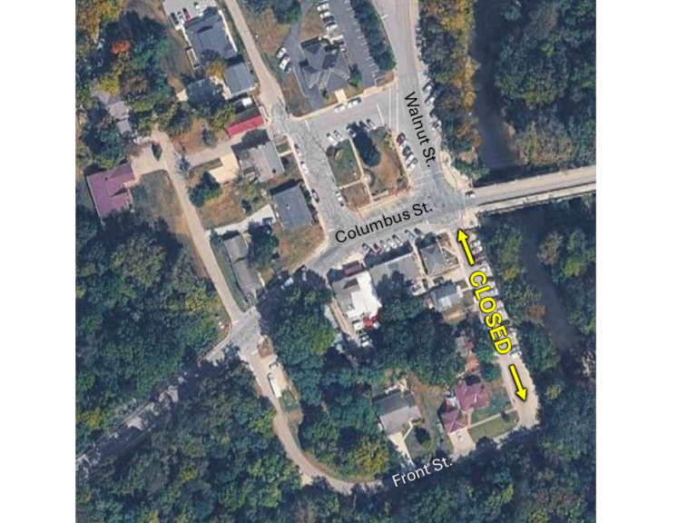 Aerial map of downtown Galena showing South Walnut Street closed between Columbus Street and Front Street