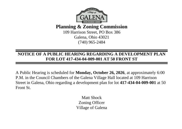 Notice of a public hearing on Monday, October 26, 2026 at 6:00 PM regarding a development plan for lot 417-434-04-009-001 at 50 Front St