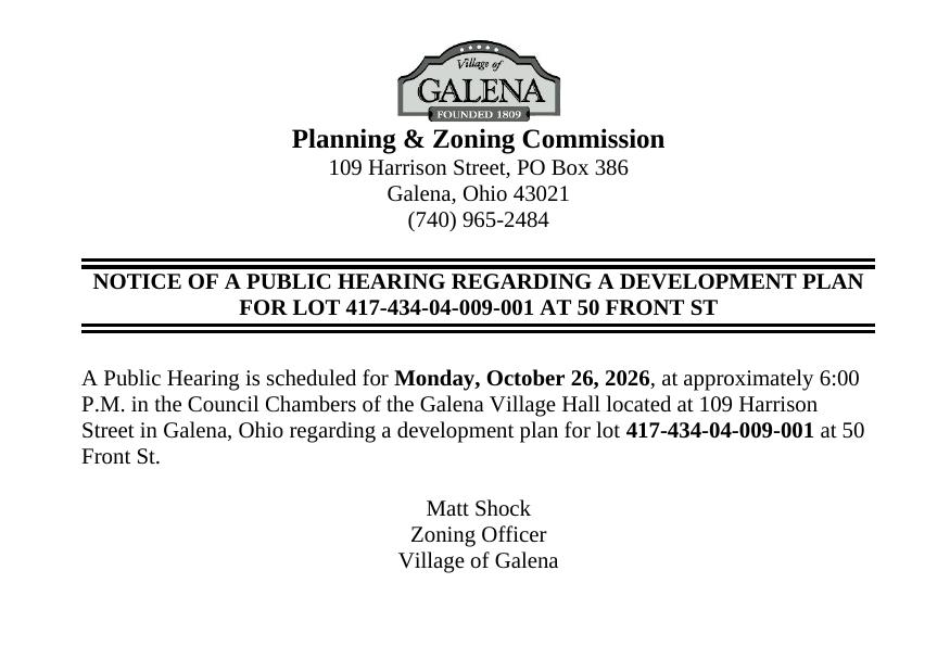 Notice of a public hearing on Monday, October 26, 2026 at 6:00 PM regarding a development plan for lot 417-434-04-009-001 at 50 Front St