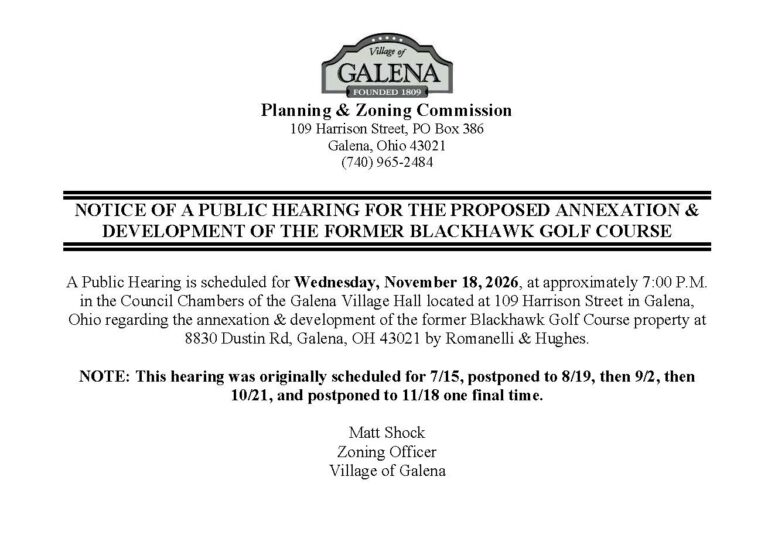 Village of Galena Planning and Zoning Commission notice of a public hearing for the proposed annexation and development of the former Blackhawk Golf Course, Wednesday, November 18, 2026, at approximately 7:00 P.M. in the Council Chambers of Galena Village Hall, 109 Harrison Street.