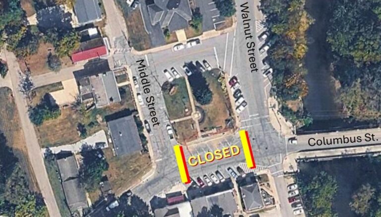 Aerial map of the Village square showing Columbus Street closed between Middle Street and Walnut Street